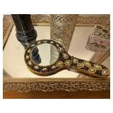 Vintage Vanity Set with Ornate Mirror Tray, Beaded Hand Mirror, and Accessories