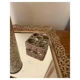 Vintage Vanity Set with Ornate Mirror Tray, Beaded Hand Mirror, and Accessories