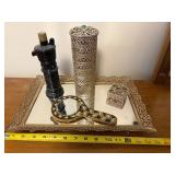 Vintage Vanity Set with Ornate Mirror Tray, Beaded Hand Mirror, and Accessories