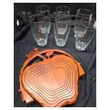 6 matching glasses and apple basket/trivet