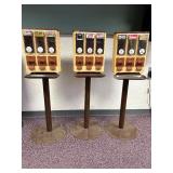 3 Pc Lot; 3 Tan/Brown Plastic Candy Dispensors with Metal Stands - No Keys