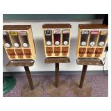 3 Pc Lot; 3 Tan/Brown Plastic Candy Dispensors with Metal Stands - No Keys