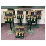 7 Pc Lor; 7 Metal and plastic Candy Machines with Plastic Stands, Varried Condition