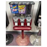 3 Pc Lot; 3 Cast Metal Candy Machines, the 2 Black Machines Have Metal Stands & The Red Has Plastic - No Keys