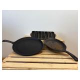 3 Pcs Cast Iron Lot Wagner Ware 11" Round Flat Skillet, 10" Sizzle Skillet & Corn Pan