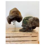 2 Pc Lot; WWII Era Leather Bomber Hat with Quilt Lining and Rabbit Fur Trim and Newer Camo with Rabbit Trim Mad Bomber XL Hat