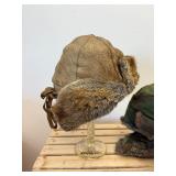 2 Pc Lot; WWII Era Leather Bomber Hat with Quilt Lining and Rabbit Fur Trim and Newer Camo with Rabbit Trim Mad Bomber XL Hat