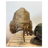 2 Pc Lot; WWII Era Leather Bomber Hat with Quilt Lining and Rabbit Fur Trim and Newer Camo with Rabbit Trim Mad Bomber XL Hat