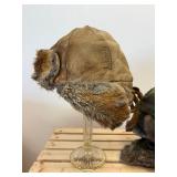 2 Pc Lot; WWII Era Leather Bomber Hat with Quilt Lining and Rabbit Fur Trim and Newer Camo with Rabbit Trim Mad Bomber XL Hat