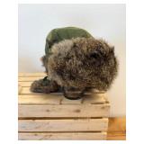 2 Pc Lot; WWII Era Leather Bomber Hat with Quilt Lining and Rabbit Fur Trim and Newer Camo with Rabbit Trim Mad Bomber XL Hat