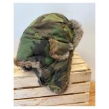 2 Pc Lot; WWII Era Leather Bomber Hat with Quilt Lining and Rabbit Fur Trim and Newer Camo with Rabbit Trim Mad Bomber XL Hat