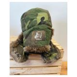 2 Pc Lot; WWII Era Leather Bomber Hat with Quilt Lining and Rabbit Fur Trim and Newer Camo with Rabbit Trim Mad Bomber XL Hat