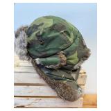2 Pc Lot; WWII Era Leather Bomber Hat with Quilt Lining and Rabbit Fur Trim and Newer Camo with Rabbit Trim Mad Bomber XL Hat