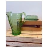 2 Pc Lot; Anchor Hocking Block Optic Green Glass pitcher & Hazel-Atlas Green Depression Glass Butter Dish