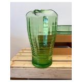 2 Pc Lot; Anchor Hocking Block Optic Green Glass pitcher & Hazel-Atlas Green Depression Glass Butter Dish