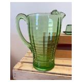 2 Pc Lot; Anchor Hocking Block Optic Green Glass pitcher & Hazel-Atlas Green Depression Glass Butter Dish