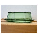 2 Pc Lot; Anchor Hocking Block Optic Green Glass pitcher & Hazel-Atlas Green Depression Glass Butter Dish