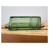 2 Pc Lot; Anchor Hocking Block Optic Green Glass pitcher & Hazel-Atlas Green Depression Glass Butter Dish