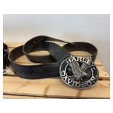 2Pc Lot; Vintage Well Worn In Harley Davidson Size 44 Brown Leather Belt with Heavy HD Eagle Belt Buckle #97635-05V & New w/Tag Size 44 HD Brown Woven Leather Belt