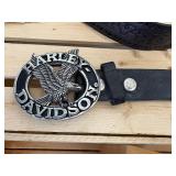 2Pc Lot; Vintage Well Worn In Harley Davidson Size 44 Brown Leather Belt with Heavy HD Eagle Belt Buckle #97635-05V & New w/Tag Size 44 HD Brown Woven Leather Belt