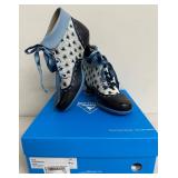 John Fluevog Investigator Enneagram Lace-Up Ankle Boots, Navy Hearts, Size 7.5