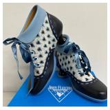 John Fluevog Investigator Enneagram Lace-Up Ankle Boots, Navy Hearts, Size 7.5