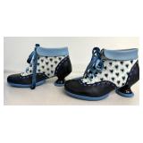 John Fluevog Investigator Enneagram Lace-Up Ankle Boots, Navy Hearts, Size 7.5