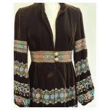 Nanette Lepore Embroidered Brown Velvet Boho Coat with Quilted Lining, Size 6