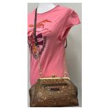 Anuschka Embossed Hand-Painted, Tooled Rose Bronze Leather Crossbody Bag with Floral and Butterfly Design - New with Tags