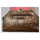 Anuschka Embossed Hand-Painted, Tooled Rose Bronze Leather Crossbody Bag with Floral and Butterfly Design - New with Tags