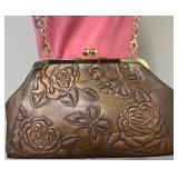 Anuschka Embossed Hand-Painted, Tooled Rose Bronze Leather Crossbody Bag with Floral and Butterfly Design - New with Tags