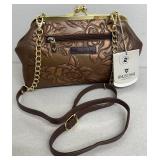 Anuschka Embossed Hand-Painted, Tooled Rose Bronze Leather Crossbody Bag with Floral and Butterfly Design - New with Tags