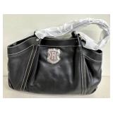 J.W. Hulme Black Leather Shoulder Bag with Crest Emblem
