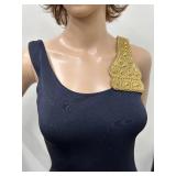 Mollie Parnis Navy Sleeveless Gown with Gold Beaded Shoulder Detail