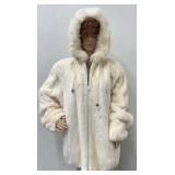 Beautiful Alaska Fur Gallery XL White Hooded Fur Coat, 29 Inch Long