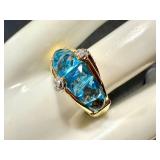 18k Gold Ring with Blue Topaz and Diamonds, Size 9, 7.6g