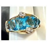 18k Gold Ring with Blue Topaz and Diamonds, Size 9, 7.6g