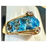 18k Gold Ring with Blue Topaz and Diamonds, Size 9, 7.6g