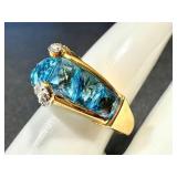 18k Gold Ring with Blue Topaz and Diamonds, Size 9, 7.6g