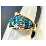 18k Gold Ring with Blue Topaz and Diamonds, Size 9, 7.6g