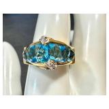 18k Gold Ring with Blue Topaz and Diamonds, Size 9, 7.6g