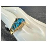 18k Gold Ring with Blue Topaz and Diamonds, Size 9, 7.6g