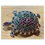 Sterling Silver Turtle Brooch Pendant Hallmarked ND Articulated with Colored Stones