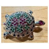 Sterling Silver Turtle Brooch Pendant Hallmarked ND Articulated with Colored Stones