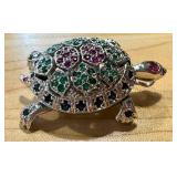 Sterling Silver Turtle Brooch Pendant Hallmarked ND Articulated with Colored Stones