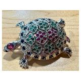 Sterling Silver Turtle Brooch Pendant Hallmarked ND Articulated with Colored Stones