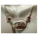 Flli Menegatti Italian Sterling Silver Lion Pendant Necklace with Rubies, 18 Inch