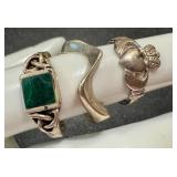 Set of 3 Sterling Silver Rings - Malachite, Irish Claddagh, Abstract Designs