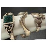 Set of 3 Sterling Silver Rings - Malachite, Irish Claddagh, Abstract Designs