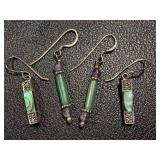 Set of Sterling Silver Drop Earrings with Abalone and Green Stone Accents